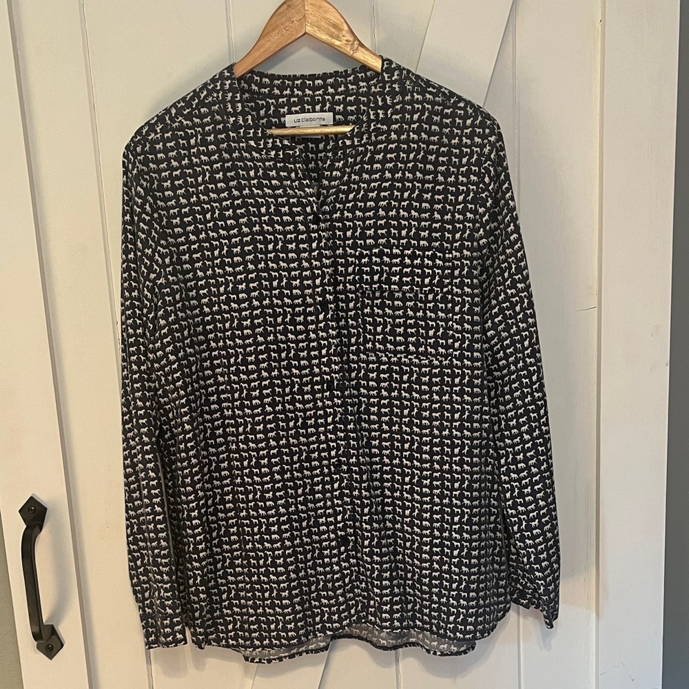 Liz Claiborne Navy and White Horse Print Shirt